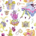 Seamless pattern with Alice, white rabbit, teapots, clock, curios house Royalty Free Stock Photo